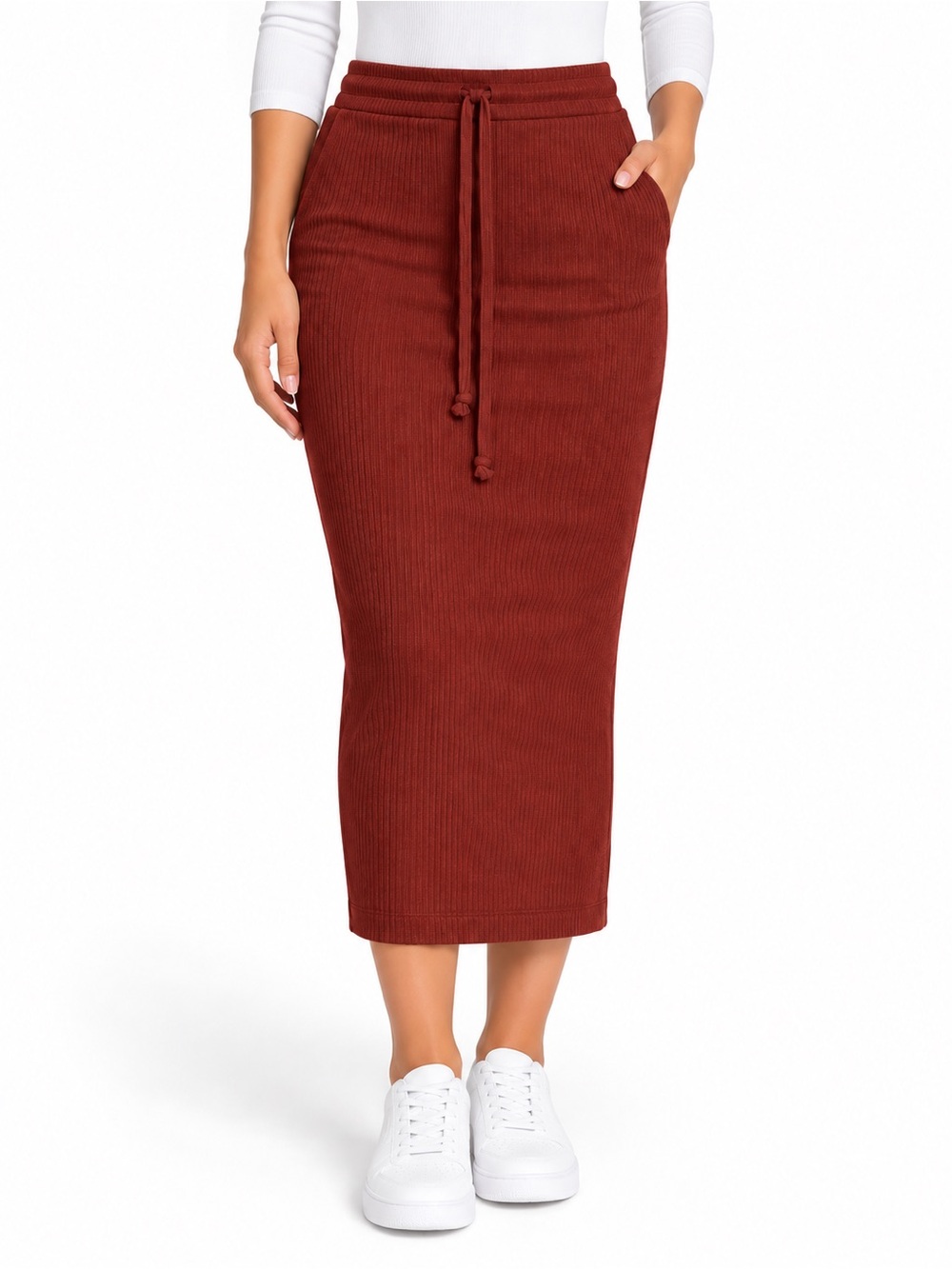 SHEIN Women’s Ribbed Drawstring Midi Pencil Skirt Size large Rust